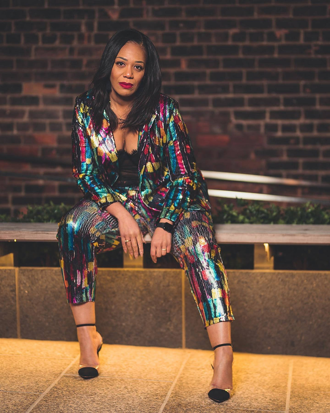 model wearing plus size sequin suit