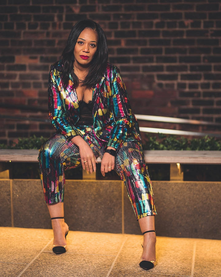 model wearing plus size sequin suit