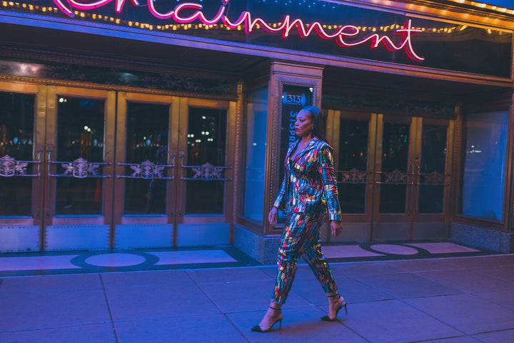woman waliking on plus size sequin suit